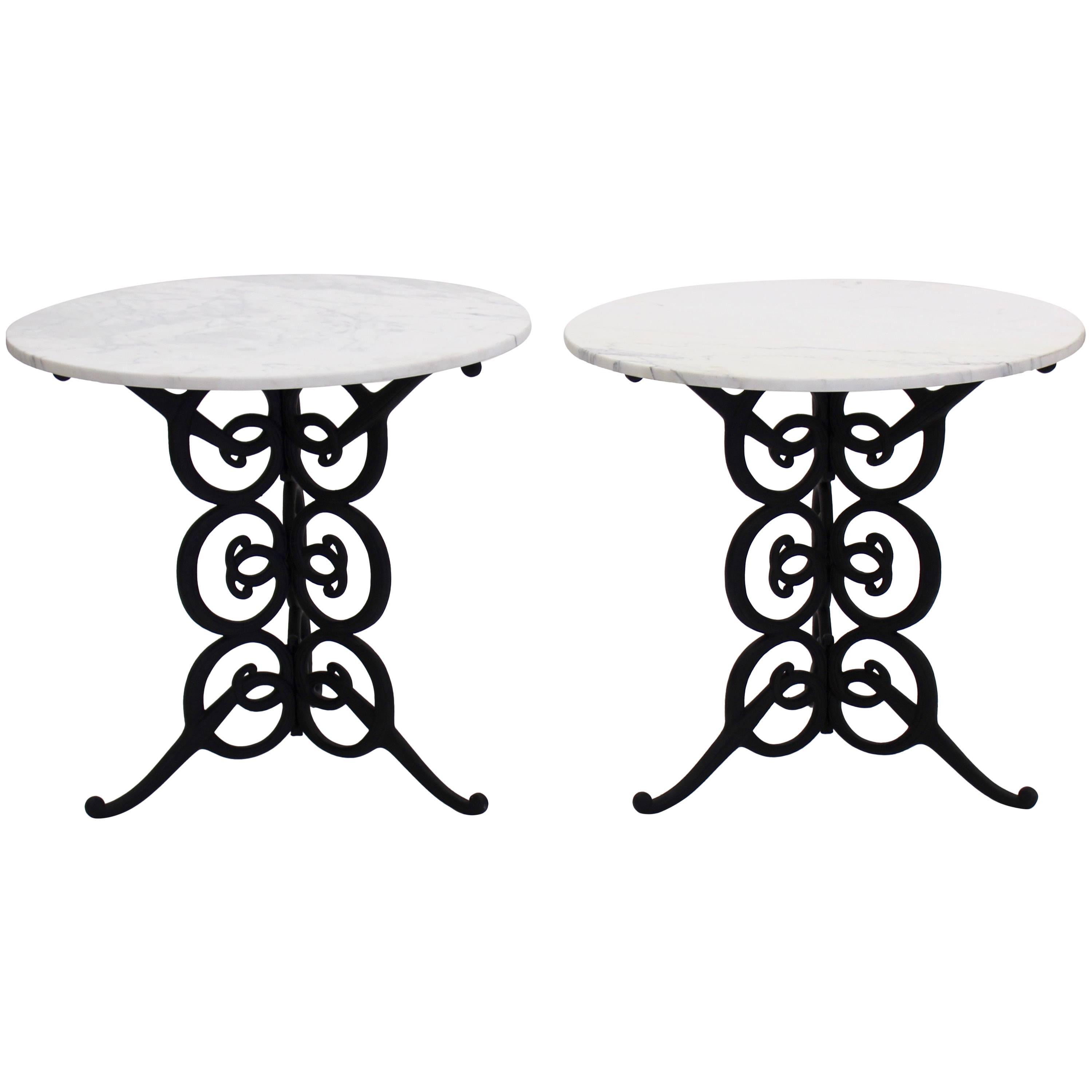 Vintage Italian Marble Tables with Iron Scroll Bases