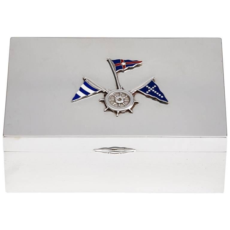Mid-20th Century Silver Box with Nautical Silver and Enamel Flag Decoration