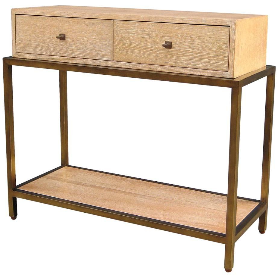 Contemporary Custom Rocco Console in Bronze and Cerused Oak with Drawers