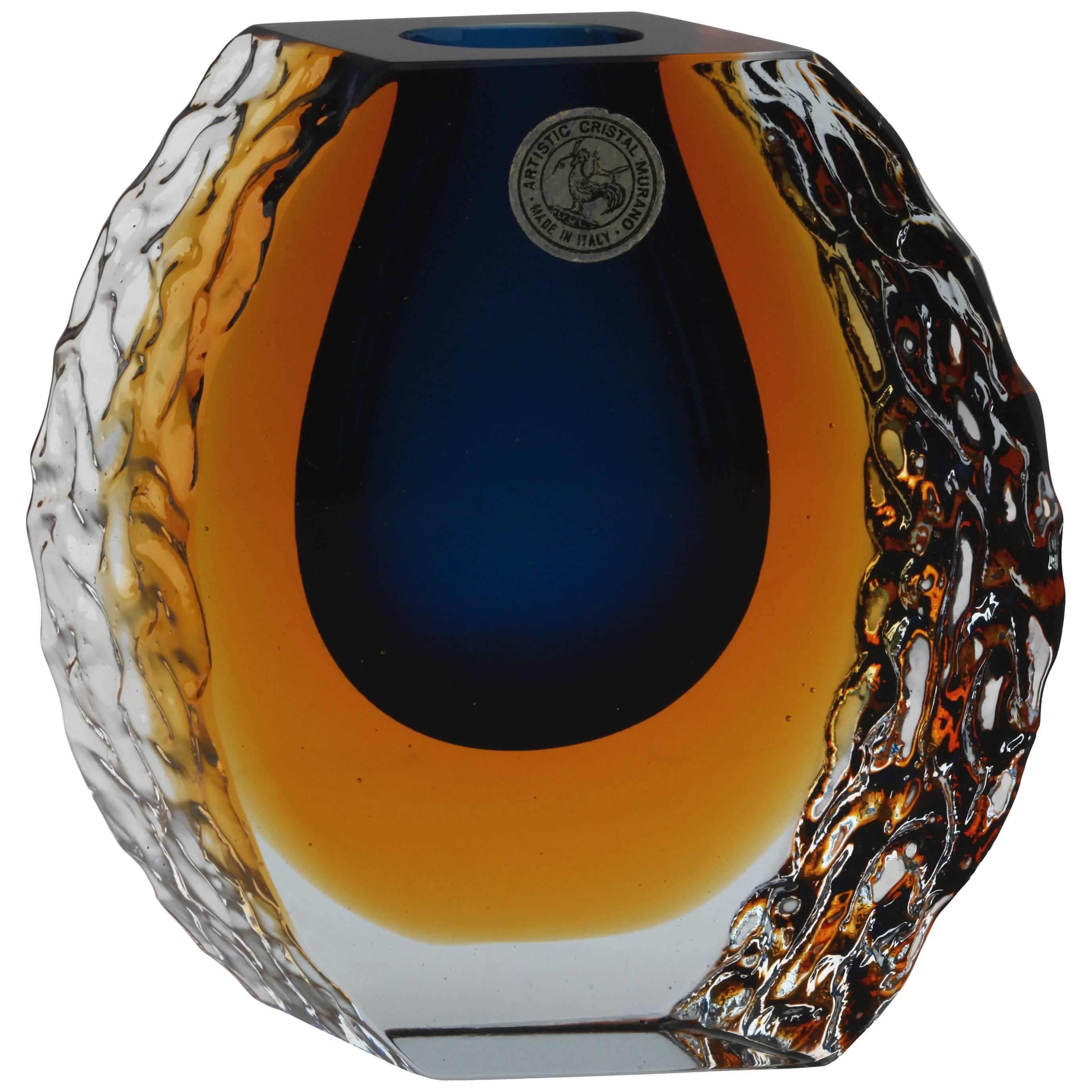 Textured and Faceted Murano Sommerso Blue and Yellow or Brown Ice Glass Vase. For Sale