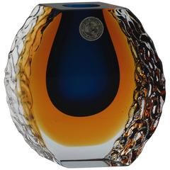 Textured and Faceted Murano Sommerso Blue and Yellow or Brown Ice Glass Vase.