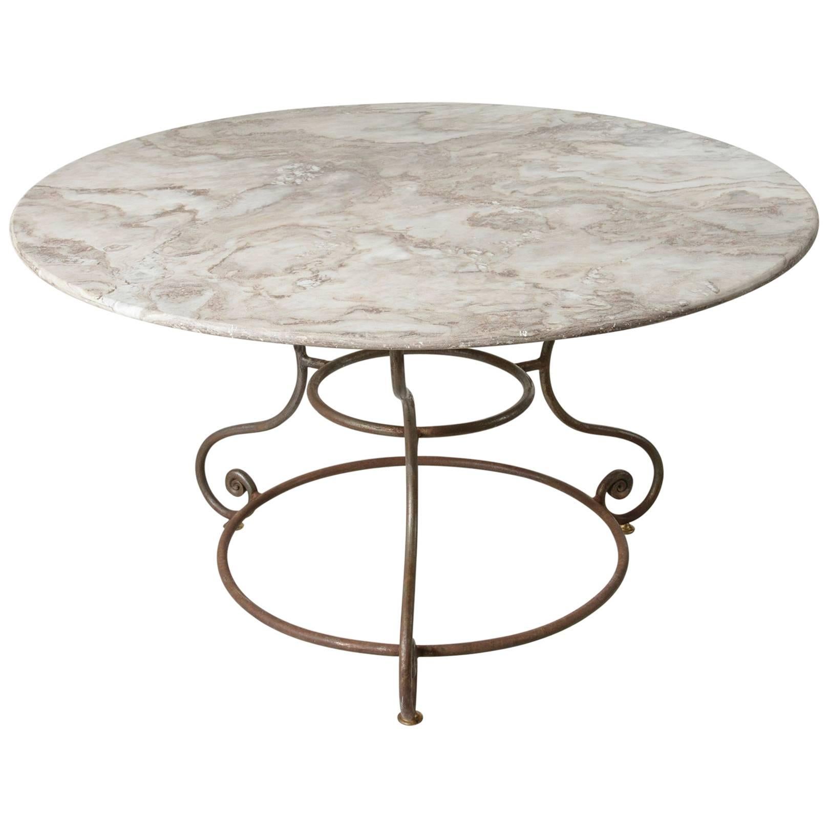 French Large Round Iron Base Garden Table with Exceptional Marble Top