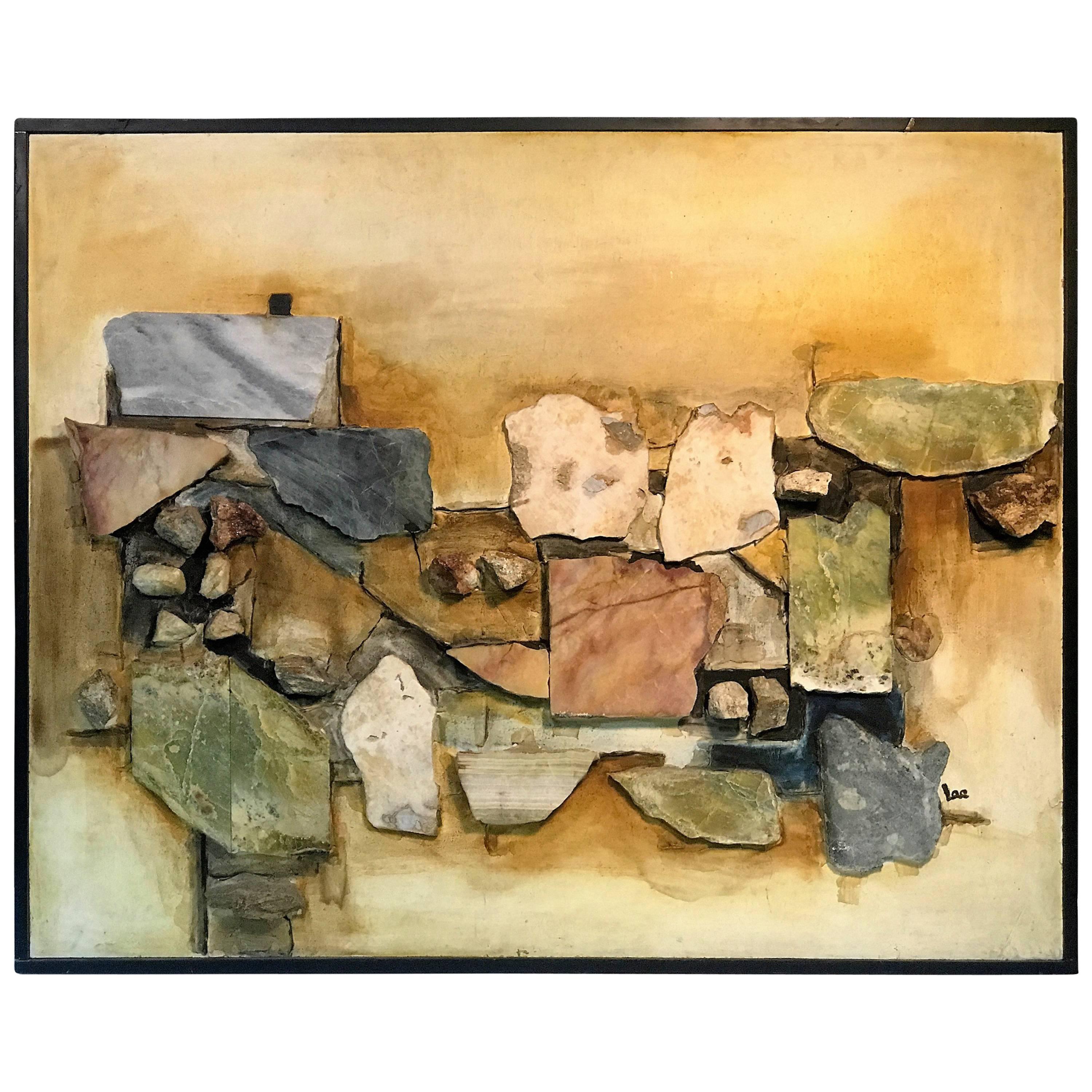 Monumental Assorted Natural Stone and Paint Mural on Wood Signed Lee For Sale
