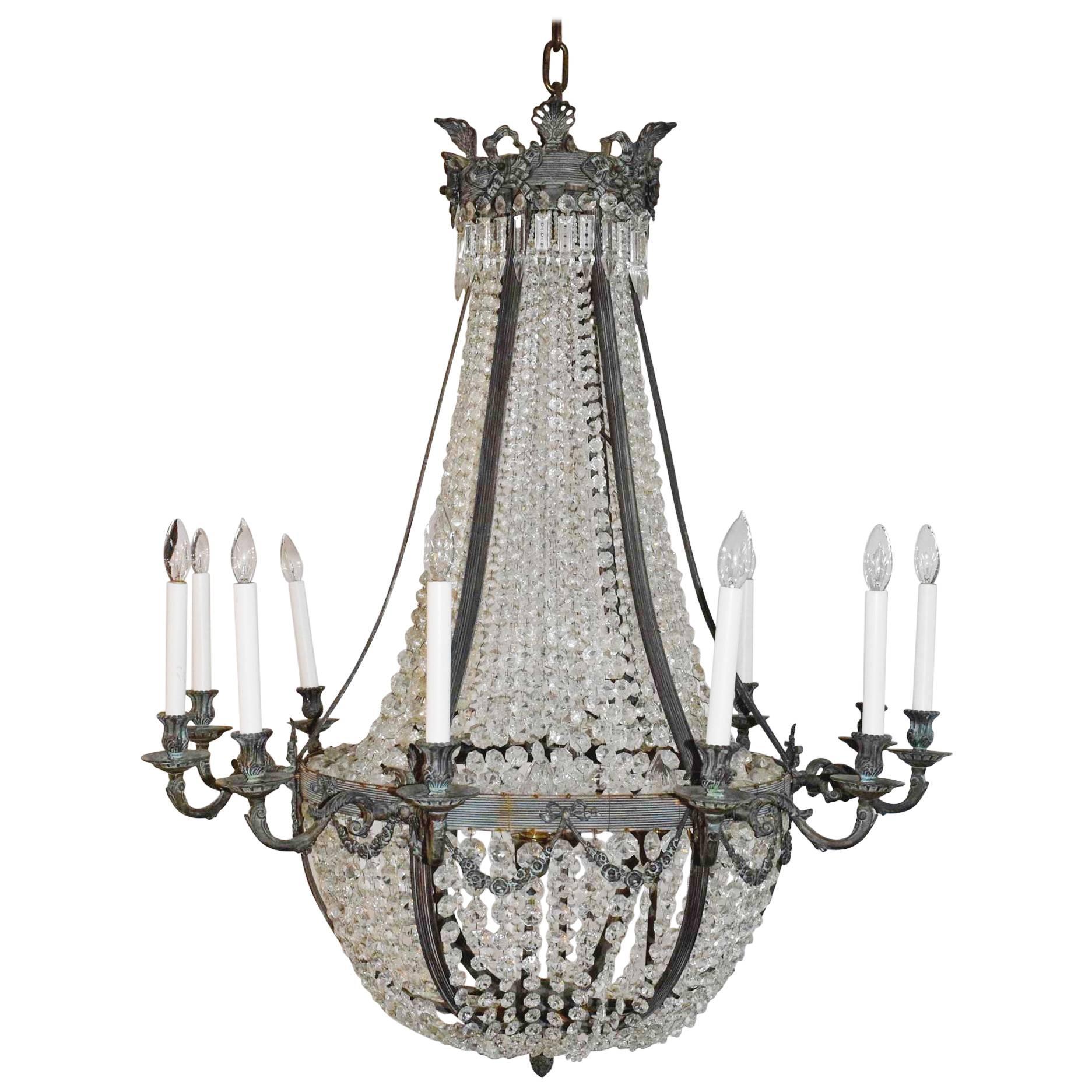 Very Large French Bronze Crystal Chandelier