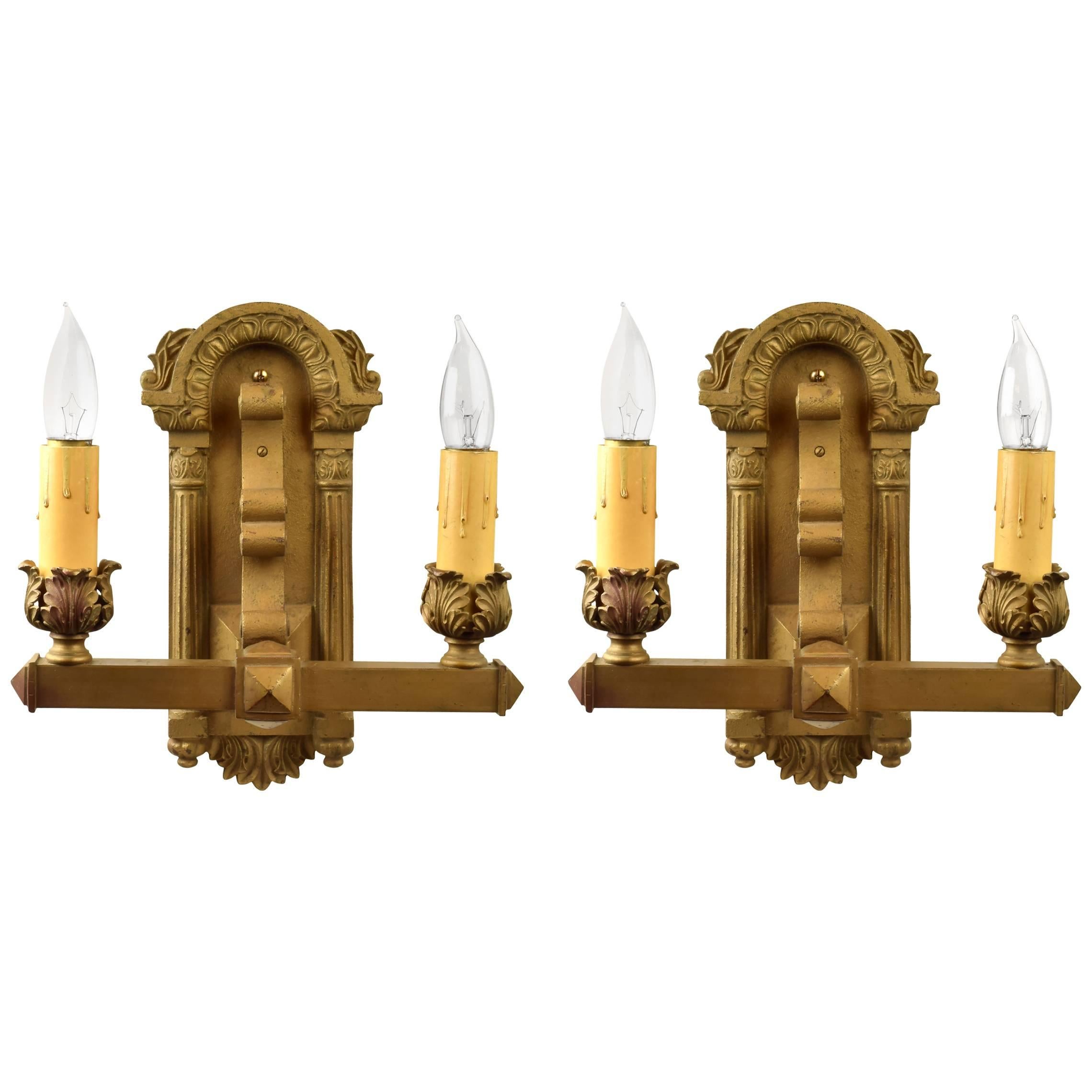 Two-Arm Cast Iron Sconce, Pair For Sale