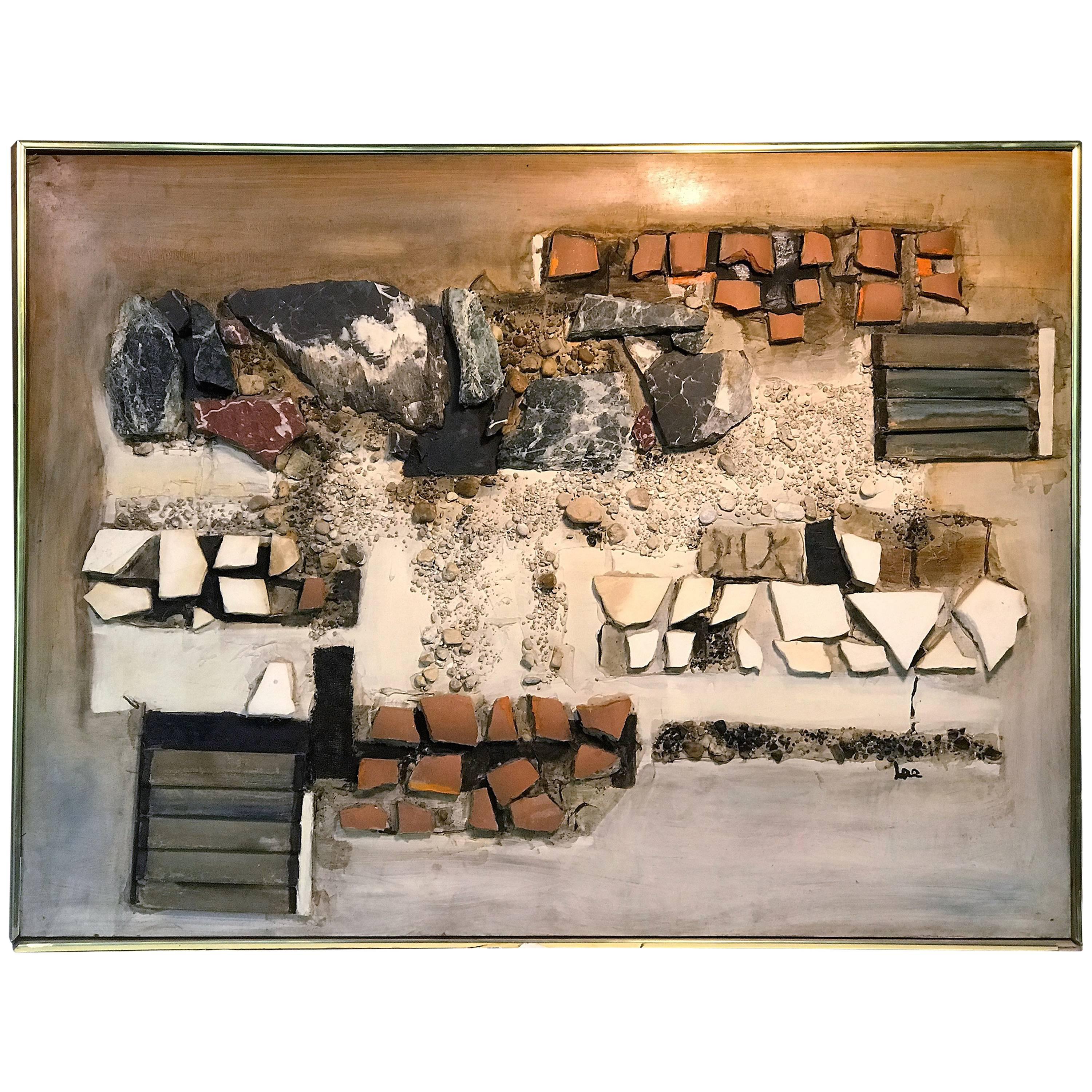 Monumental Stone, Wood, Terracotta Painted Mural on Wood Signed Lee For Sale