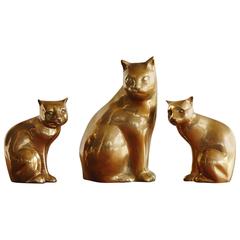 Cat Family, Group of Three Brass Cats, Mother and Two Kittens