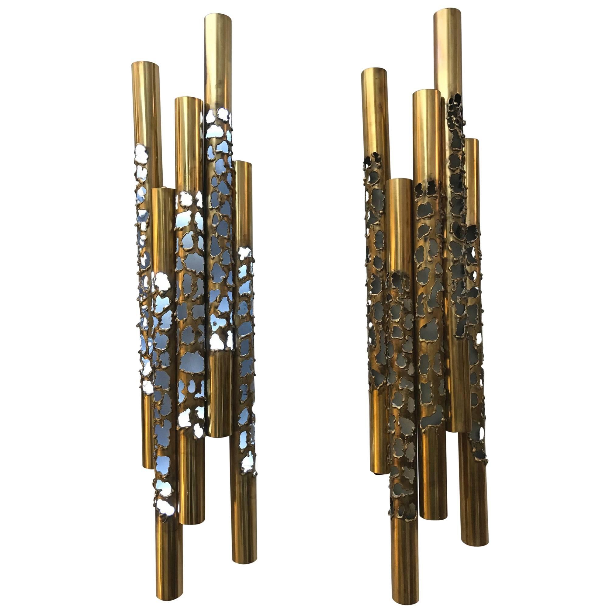  Brutalist Style Brass Wall Sconces.