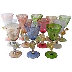 Antique Twelve Salviati Murano Dragon Goblets, Handblown Venetian Glass