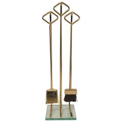 Italian Modernist Solid Brass and Glass Fireplace Tool Set