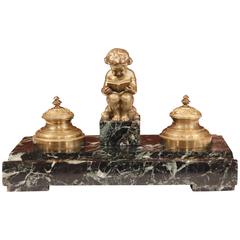 19th Century French Bronze and Black Marble Inkwell with Cherub Reading