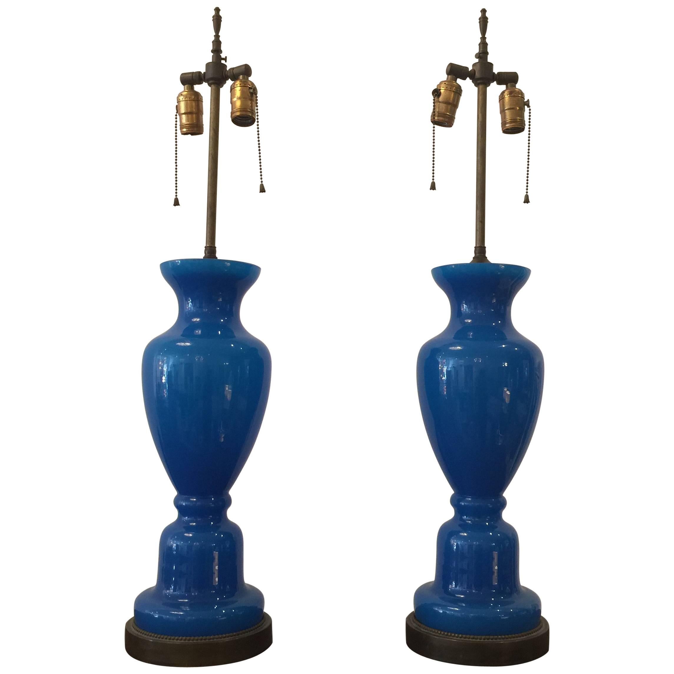Pair of French Blue Opaline Table Lamps by Marbro Lamp Co.