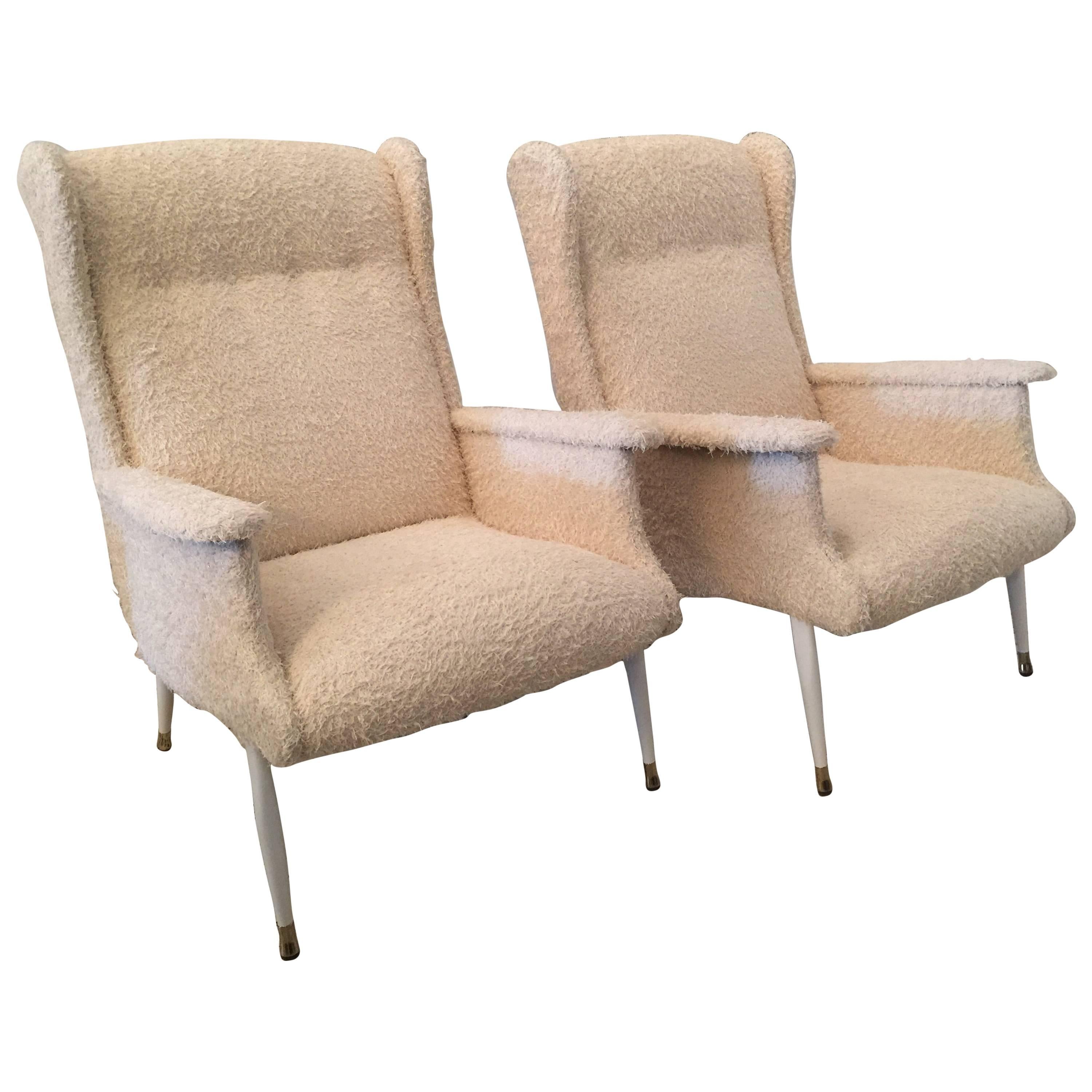 Pair of Modernist Elegant Italian Armchairs in Shag Fabric