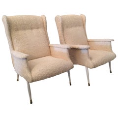 Pair of Modernist Elegant Italian Armchairs in Shag Fabric