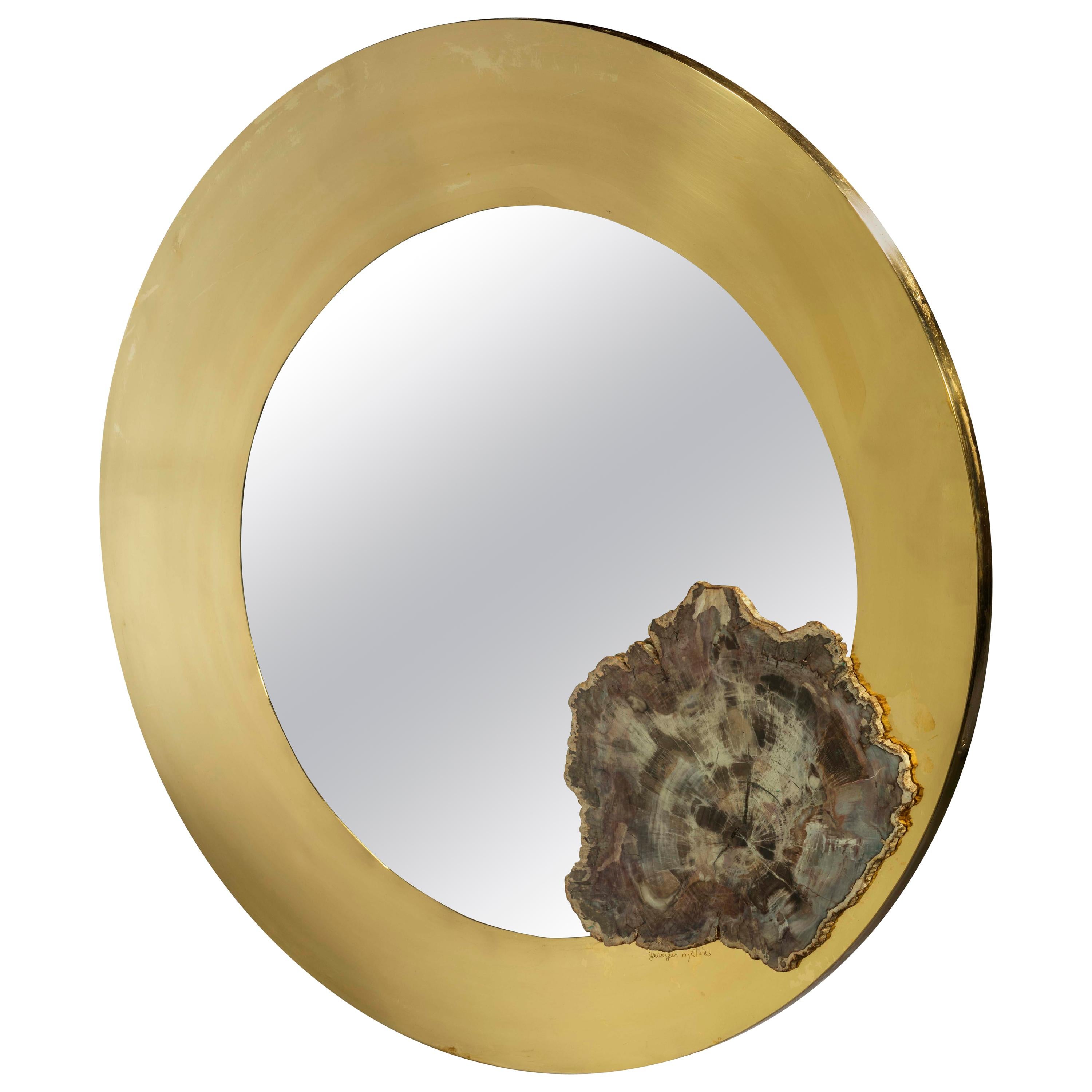 Stylish Acid Etched Brass and Fossilized Wood Circular Mirror by Georges Mathias