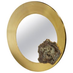 Vintage Stylish Acid Etched Brass and Fossilized Wood Circular Mirror by Georges Mathias