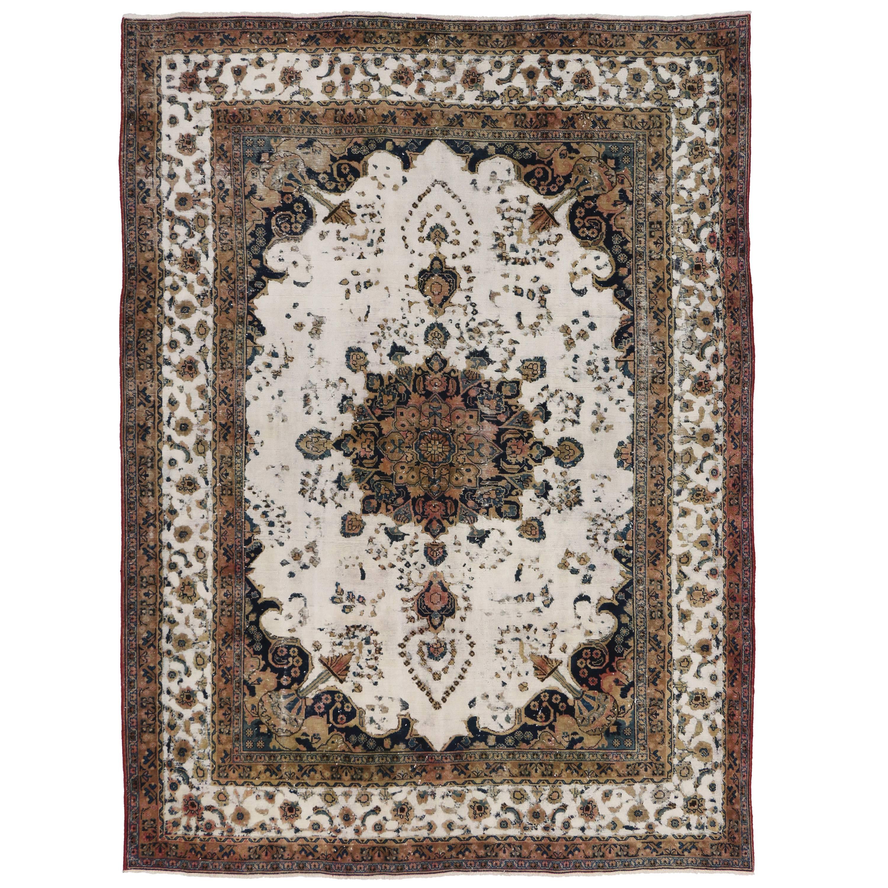 Distressed Antique Persian Mahal Rug with Modern William and Mary Style For Sale