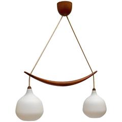 Swedish Mid-Century Pendant in Oak and Opaline Glass 1
