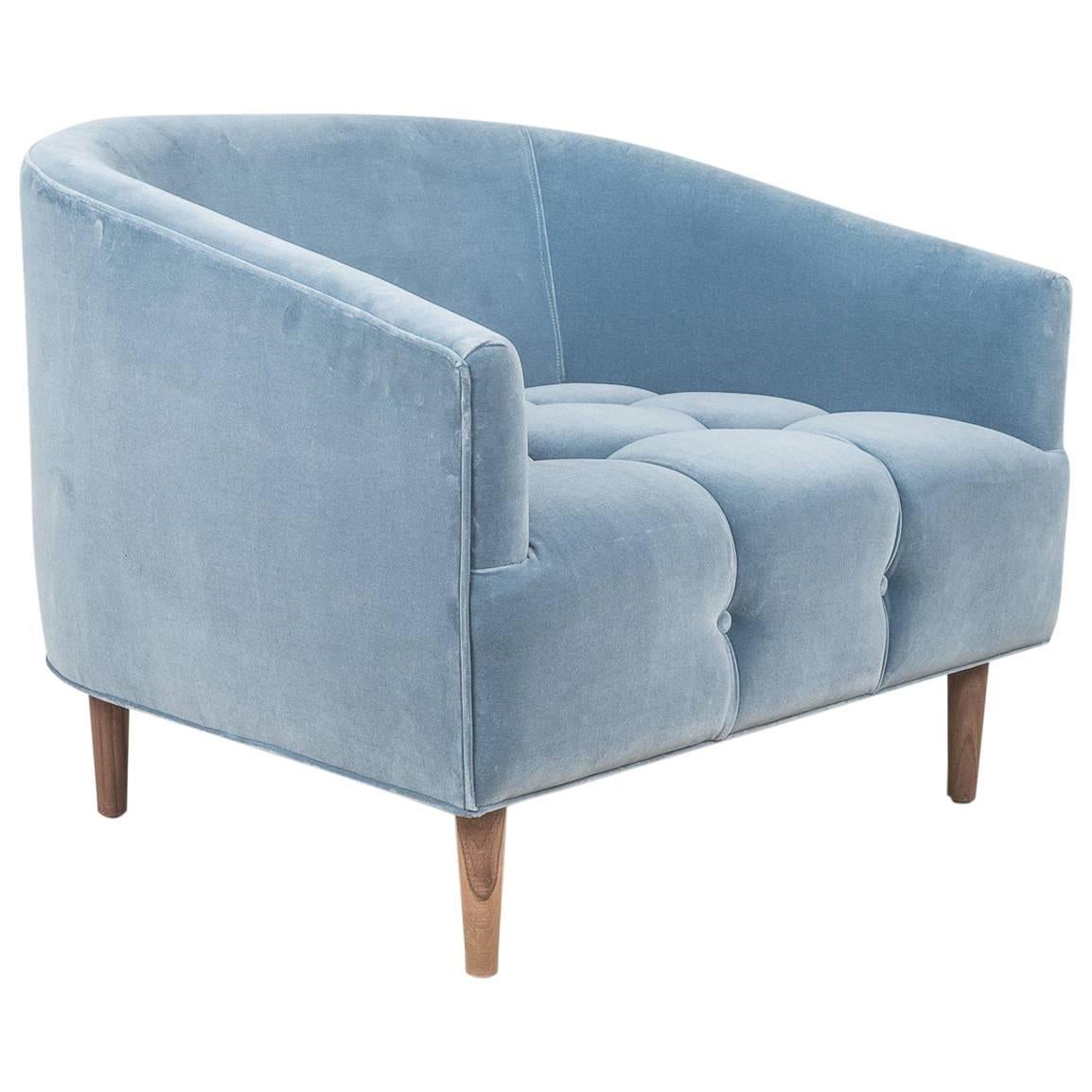 Art Deco Style St Bart's Accent Chair Tufted in Light Blue Velvet w/ Walnut Legs For Sale