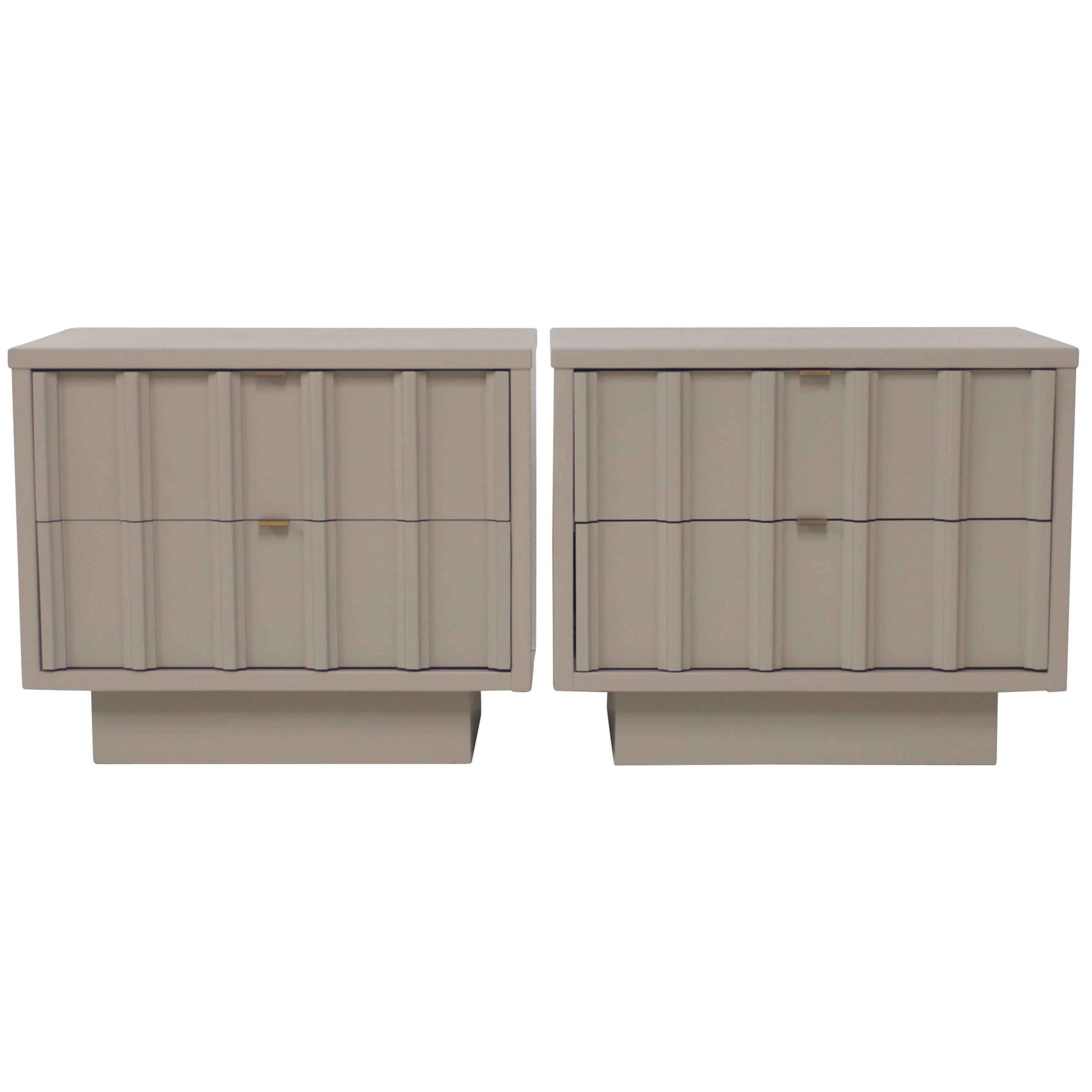 Pair of Taupe Grey Mid-Century Nightstands with Brass Pulls
