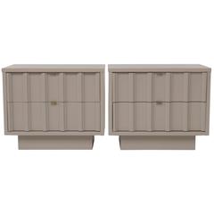 Pair of Taupe Grey Mid-Century Nightstands with Brass Pulls