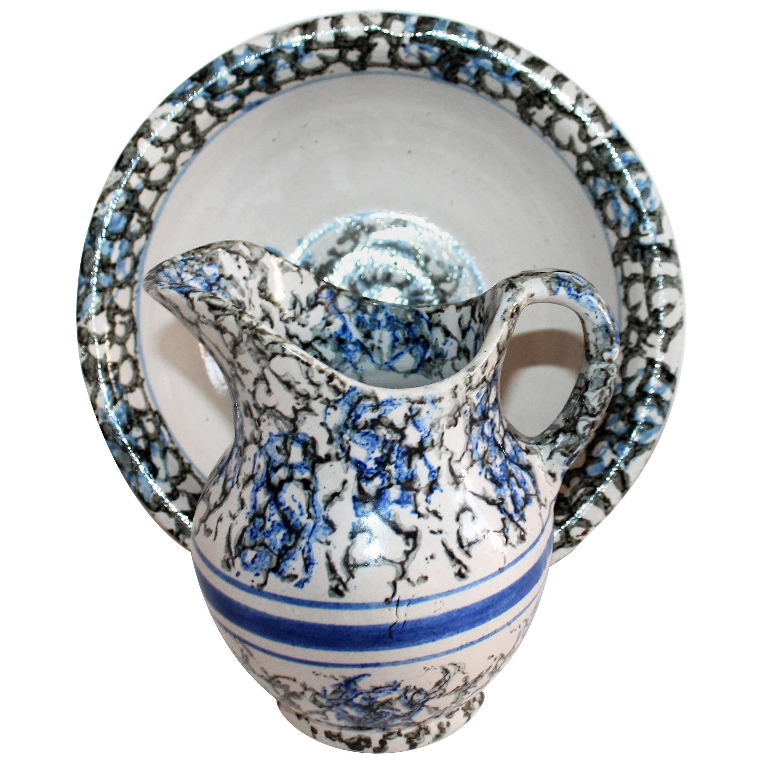 Rare ensemble de pichet et bol en poterie en éponge du XIXe siècle