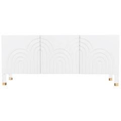 Art Deco Style White Lacquer Credenza w/ Arch Detail and Lucite & Brass Accents