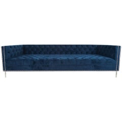 Extra Deep Mid-Century Style Sofa Hand Tufted in Navy Velvet w/ Chrome Legs