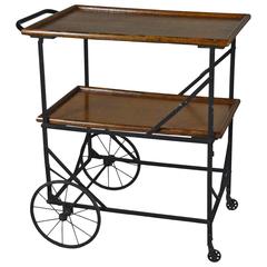 Used Industrial Black Iron Oak Folding Rolling Tea or Bar Cart Hotel Trolley
