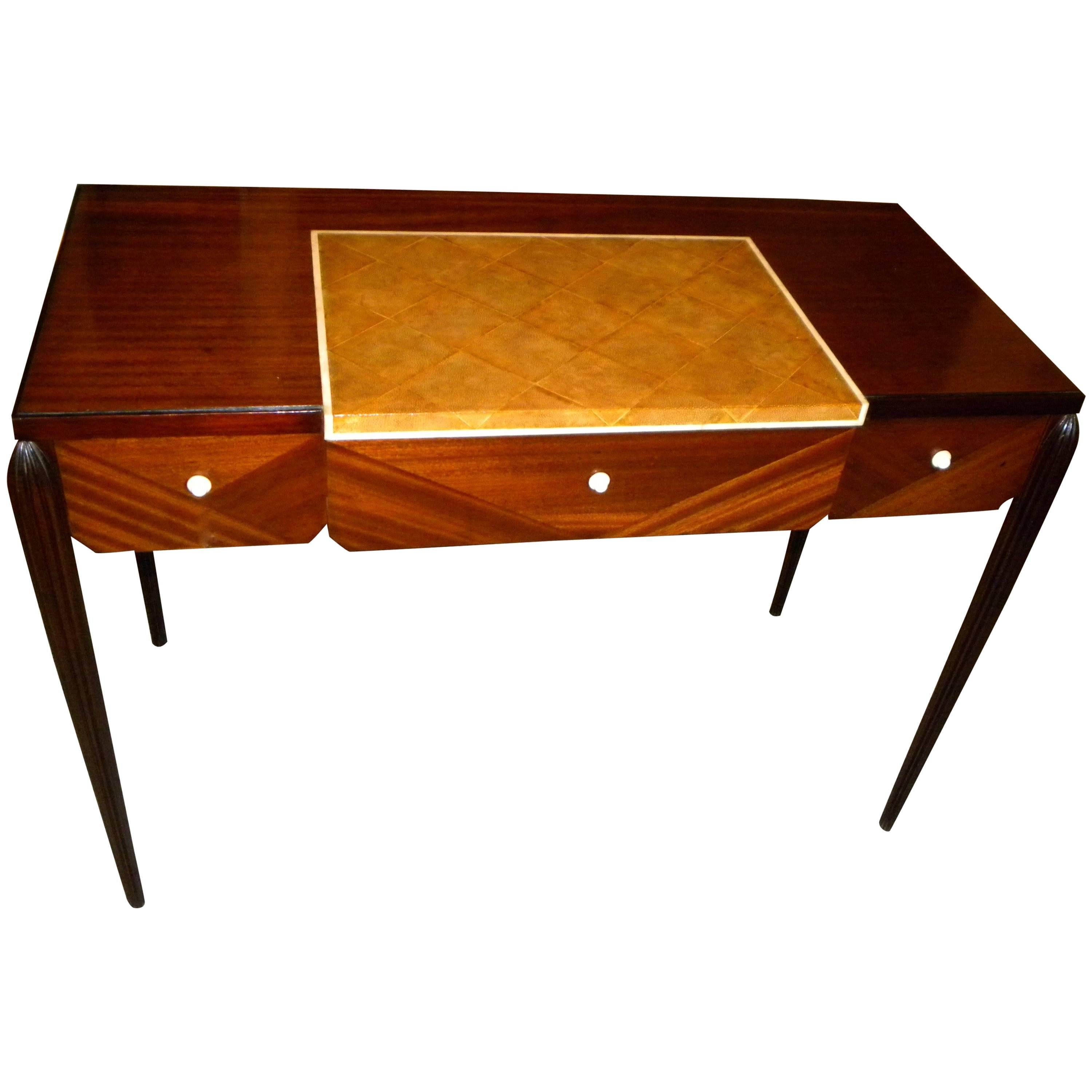 Petite Art Deco Desk, Vanity Ruhlmann Style Mahogany, Shagreen and Bone Inlay