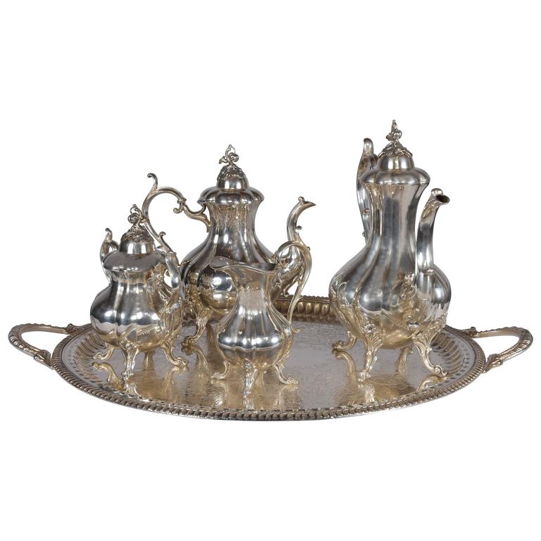 Antique English Style Silver Plated FivePiece Tea Set For Sale at 1stdibs