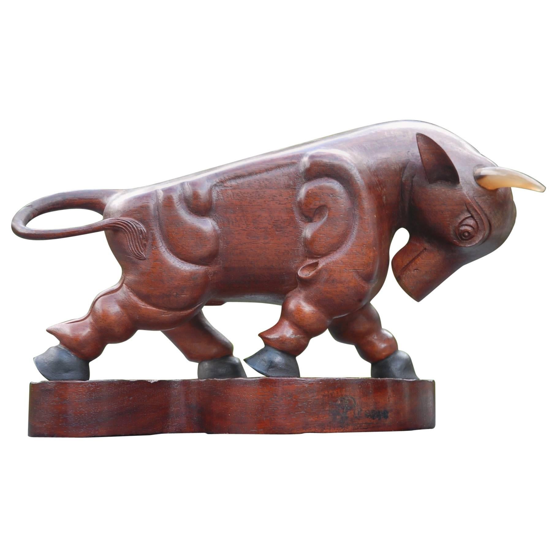 Stunning Early 1900s Modernist Hand-Carved Solid Teakwood Bull with Signature