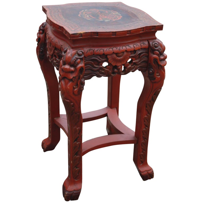 Antique Anese Carved Wood Red Lacquered Marked Table Stand Painted Dragon Antique Anese Carved Wood Red Lacquered Marked Table Stand Painted Dragon