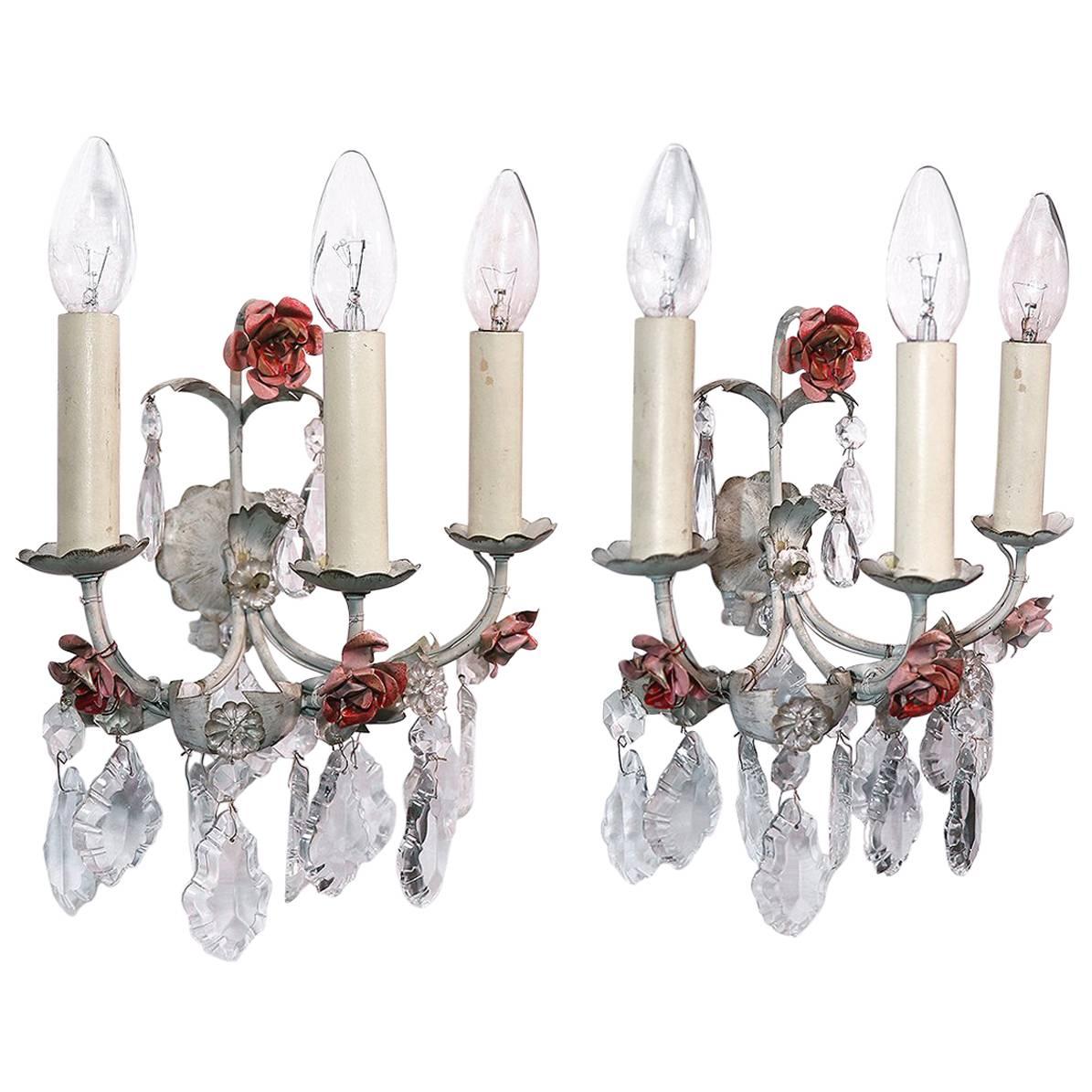 Pair of Italian Wall Sconces Painted Tole & Crystal, Italy, 1940s