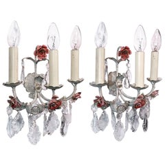 Vintage Pair of Italian Wall Sconces Painted Tole & Crystal, Italy, 1940s