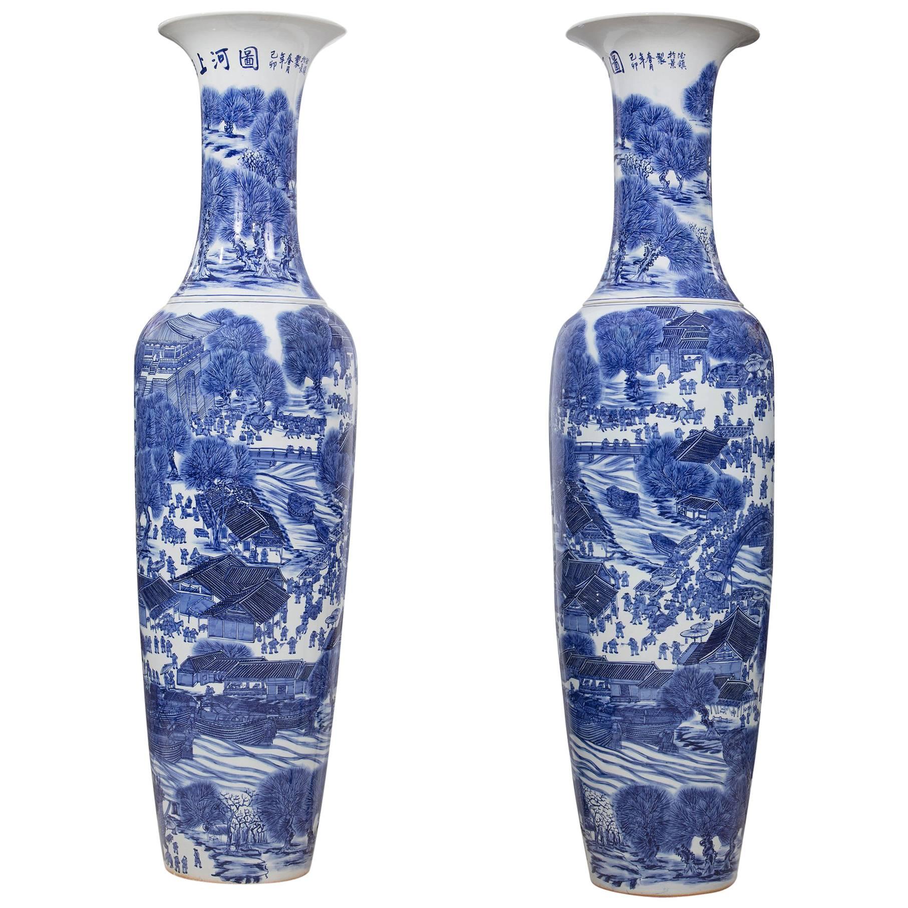Pair of Chinese White and Blue Porcelain Big Jars For Sale
