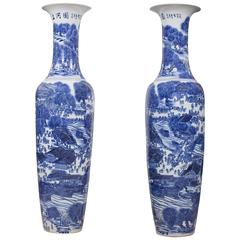 Pair of Chinese White and Blue Porcelain Big Jars