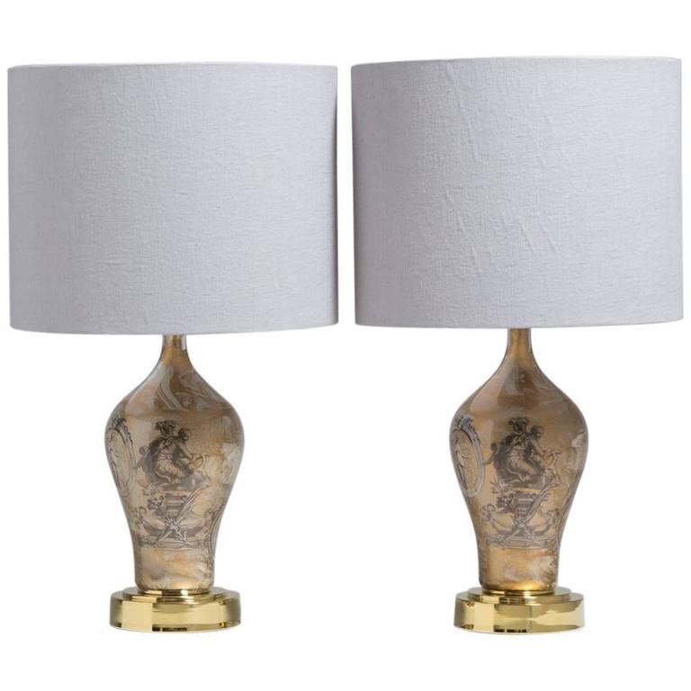 Pair of Fornasetti Style Églomisé Glass Table Lamps, 1970s For Sale at