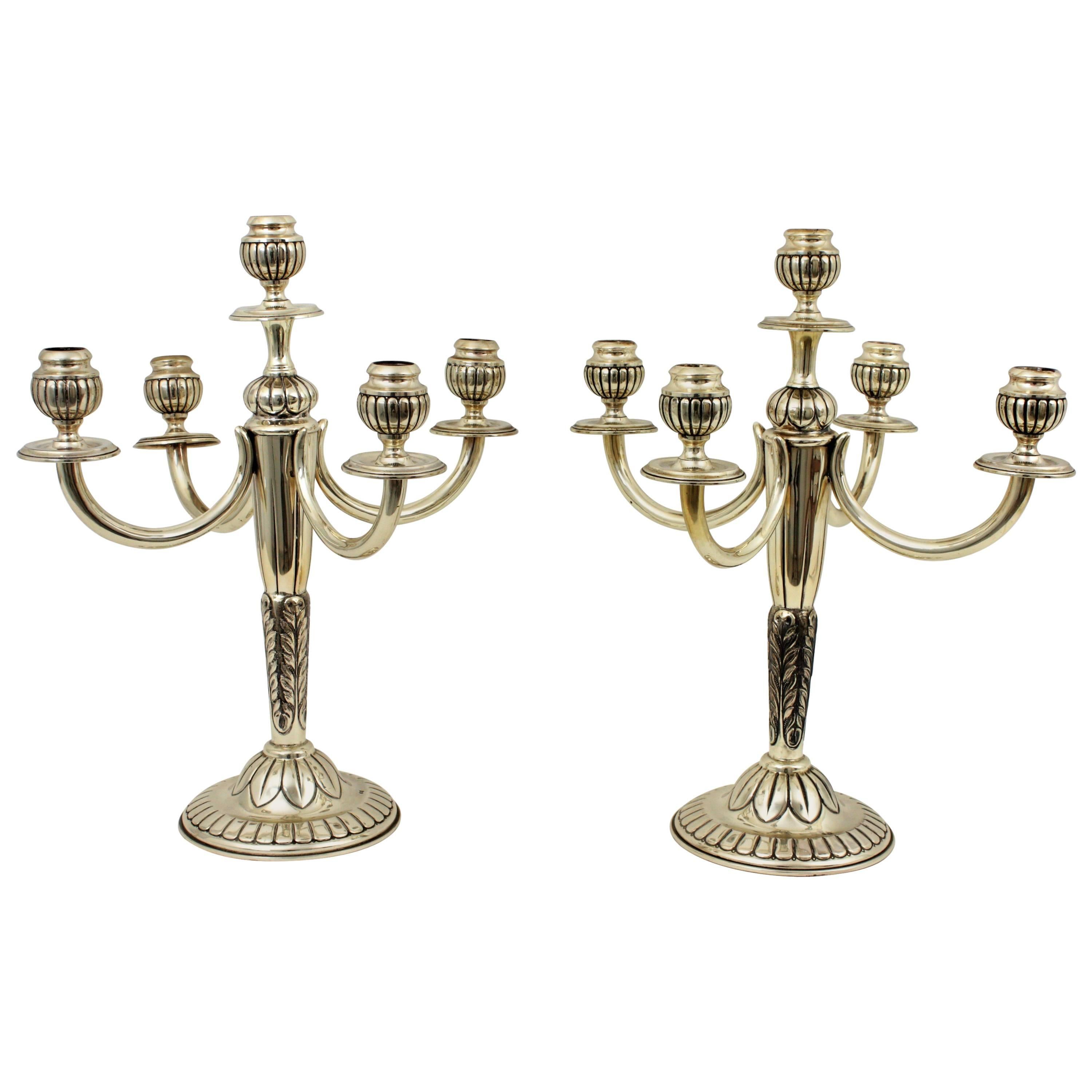 Pair of Mid-20th Century Spanish Sterling Silver Five-Light Candelabra