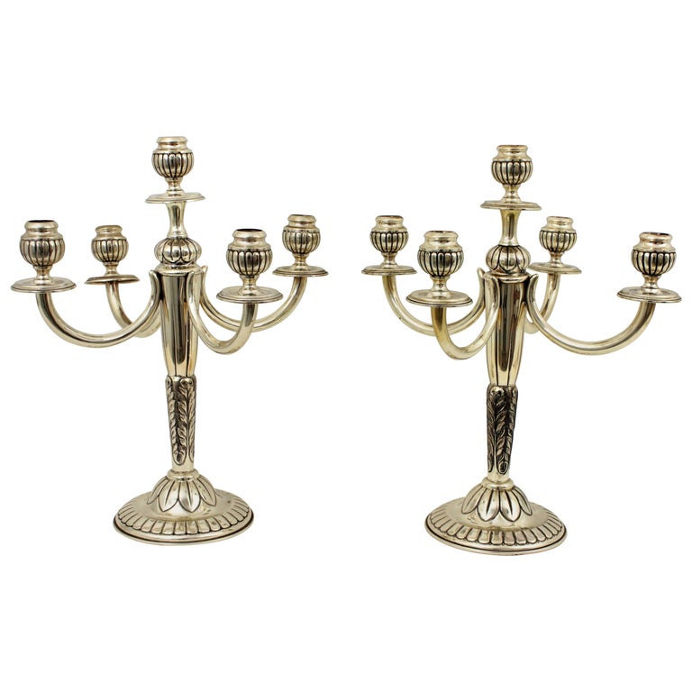 Pair of Mid20th Century Spanish Sterling Silver FiveLight Candelabra