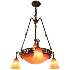 French Art Nouveau Bronze and Art Glass Chandelier by Charles Schneider 12