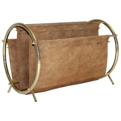 Mid Century Modern Vintage Brassed and Brown Suede Magazine Rack, 1950s