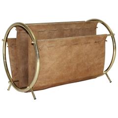 Brass and Suede Magazine Rack, 1950s 9