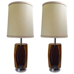 Pair of Smoked Lucite Walnut and Chrome Lamps by Lawrin