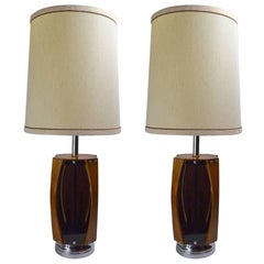 Vintage Pair of Smoked Lucite Walnut and Chrome Lamps by Lawrin