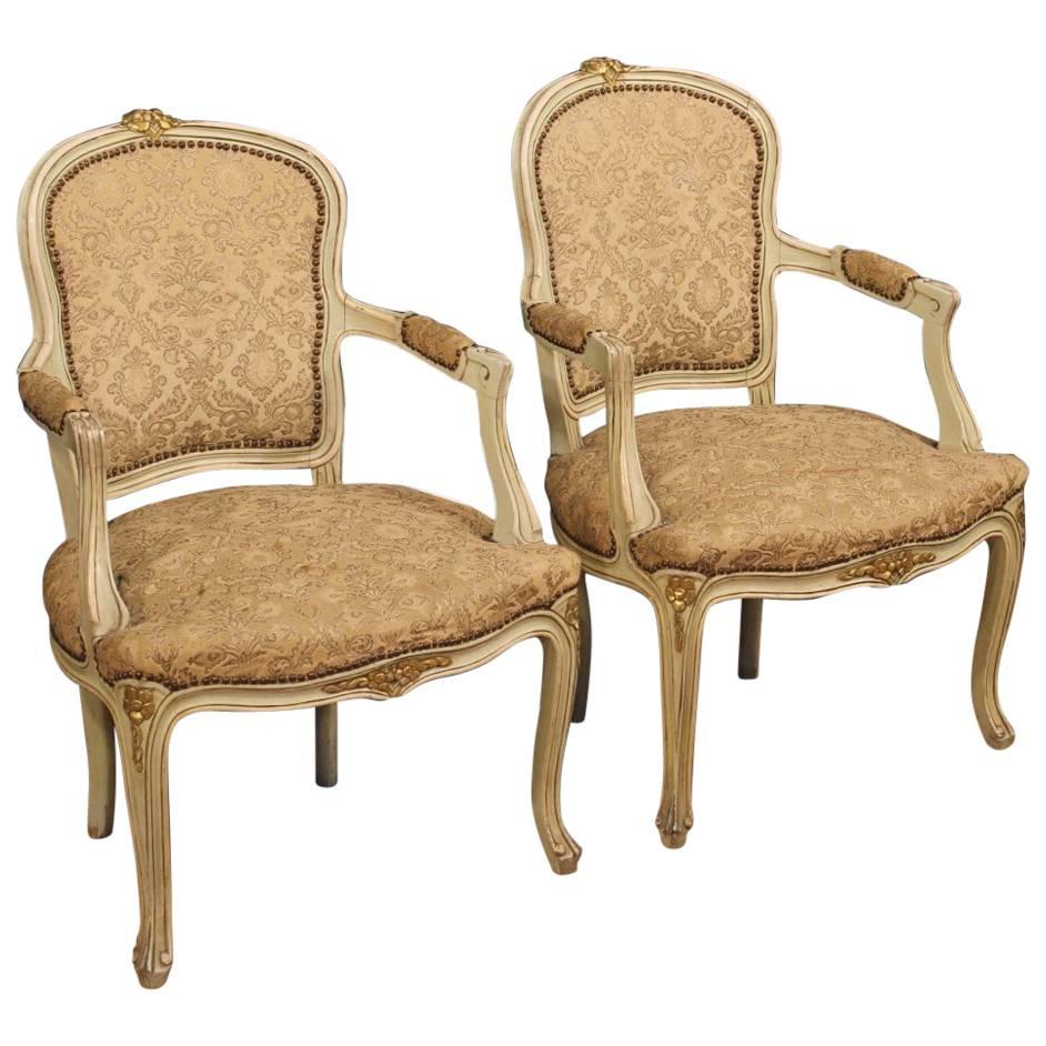 20th Century Pair of Italian Lacquered and Gilt Armchairs with Damask Fabric