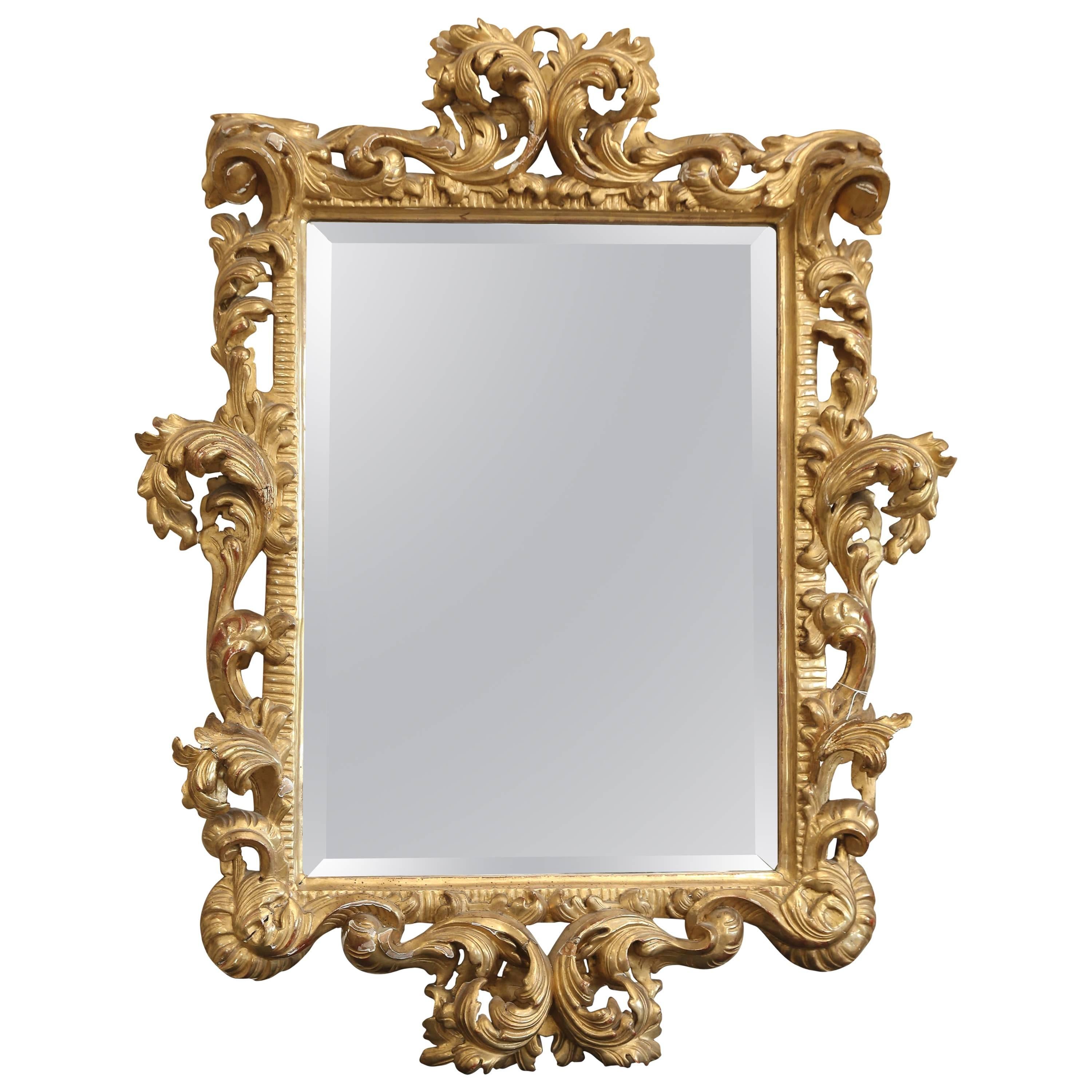 19th Century Rococo Italian Hand Carved Gilt Wooden Mirror