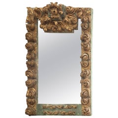 17th Century Alter Fragment Mirror, Green Polychrome and Gold Gilt