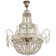 Early 1900s Italian Crystal Chandelier with Silver Metal Canopy and Seven Bulbs