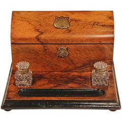 19th Century French Walnut Inkwell with Cut-Glass Bottles and Letter Holder